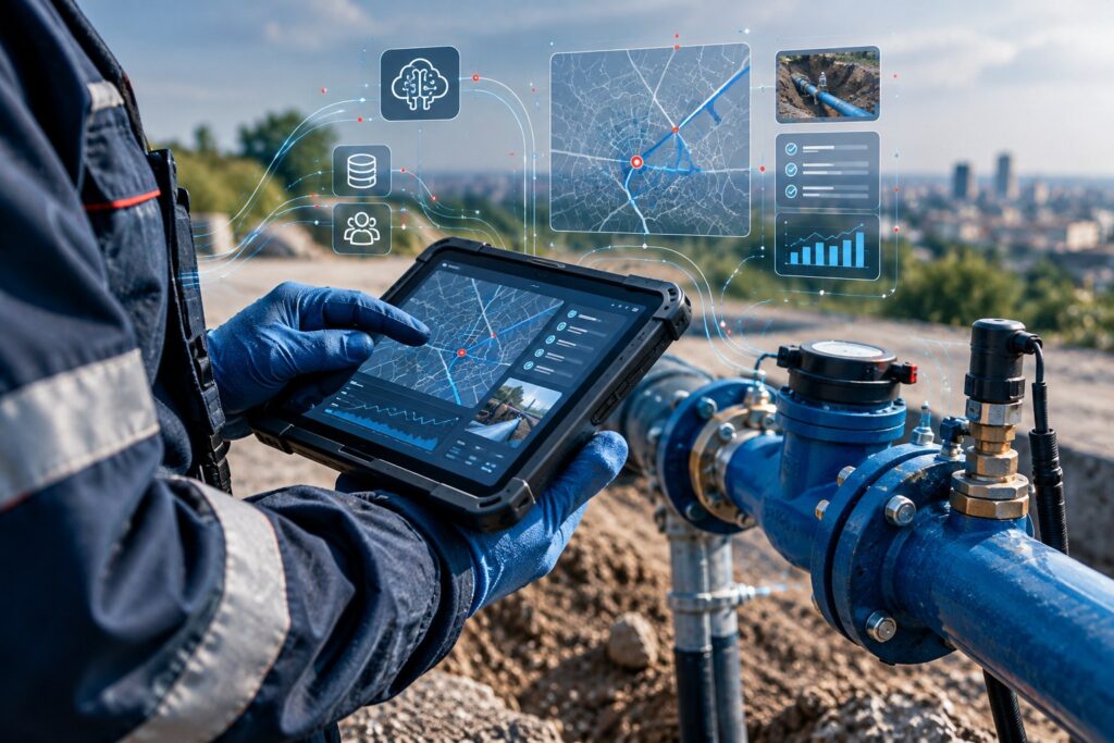 Ilustração editorial sobre inteligência artificial na gestão de serviços de campo do saneamento, com técnico utilizando tablet junto à rede de água.