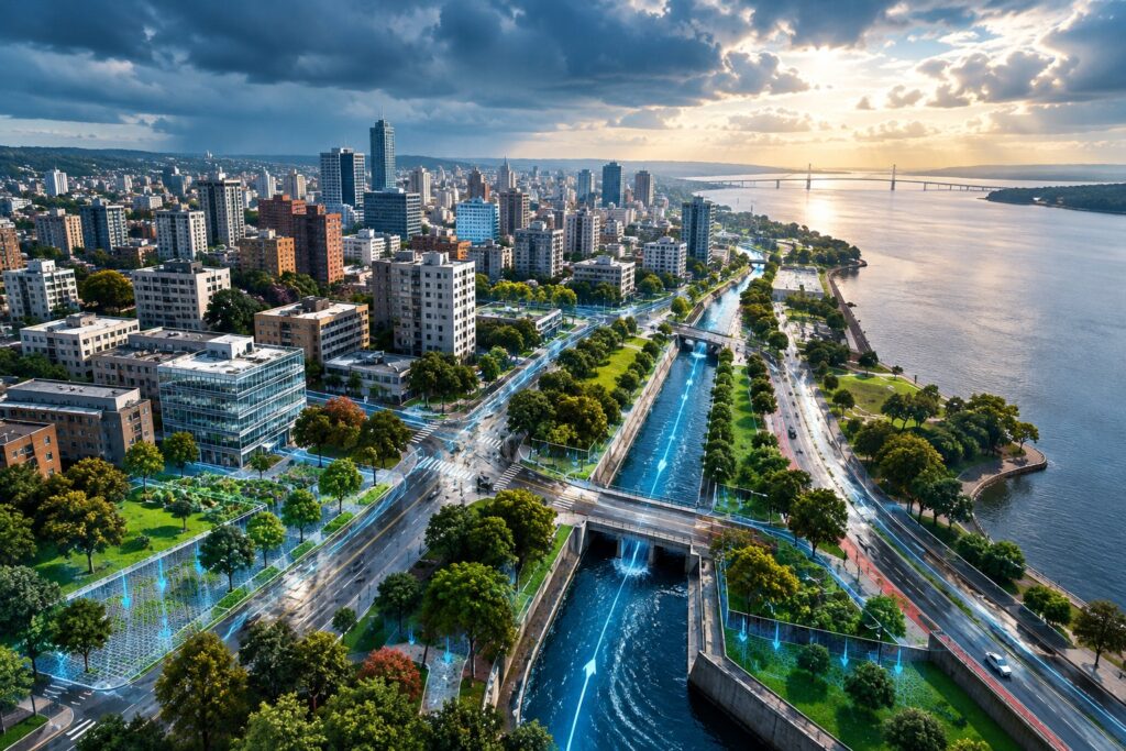 Ilustração editorial conceitual de drenagem urbana e proteção contra enchentes em Porto Alegre, com rio, infraestrutura hidráulica e áreas urbanizadas.